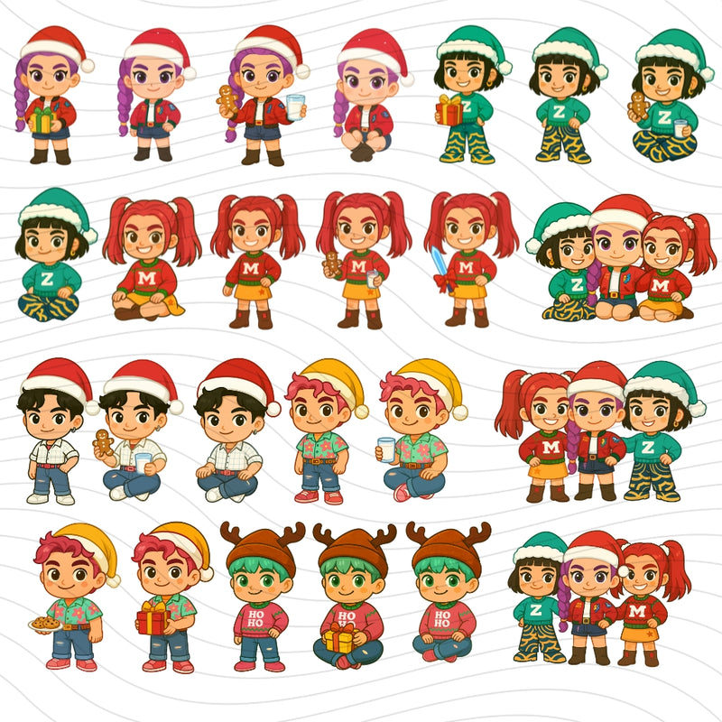 Elementos decorativos natalinos do Kit Digital Natal Guerreiras do K-Pop como árvores, laços e presentes