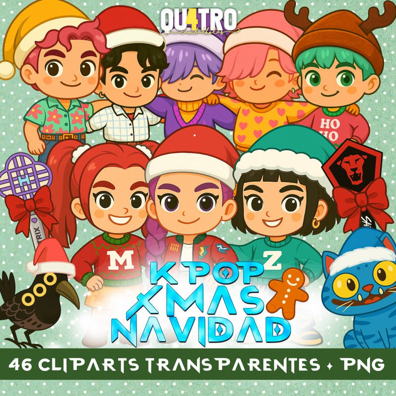Kit Digital Natal Guerreiras do K-Pop com 46 ilustrações exclusivas em estilo natalino e temática pop coreana