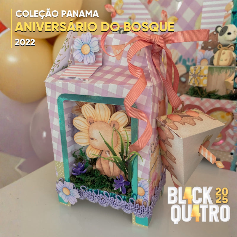 Detalhe frontal da Coleção Aniversário no Bosque mostrando recortes delicados, animais fofos e acabamento artesanal