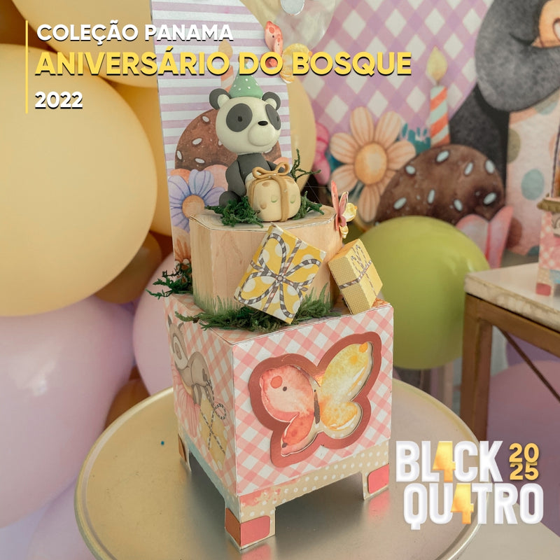 Vista lateral dos projetos da Coleção Aniversário no Bosque com cores suaves e tema florestal