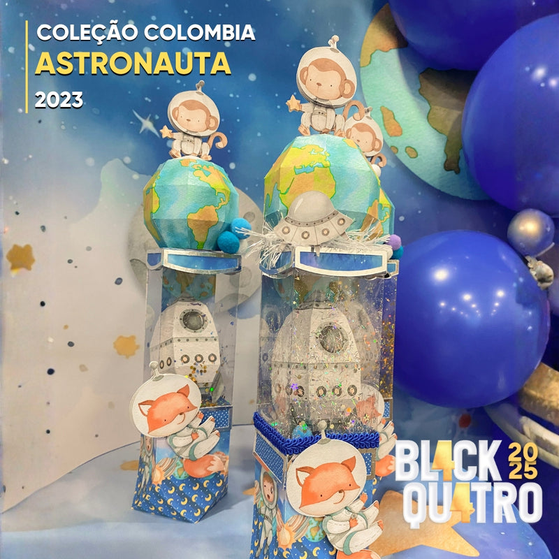 Vista lateral dos projetos da Coleção Astronauta com cores vibrantes e temática cósmica