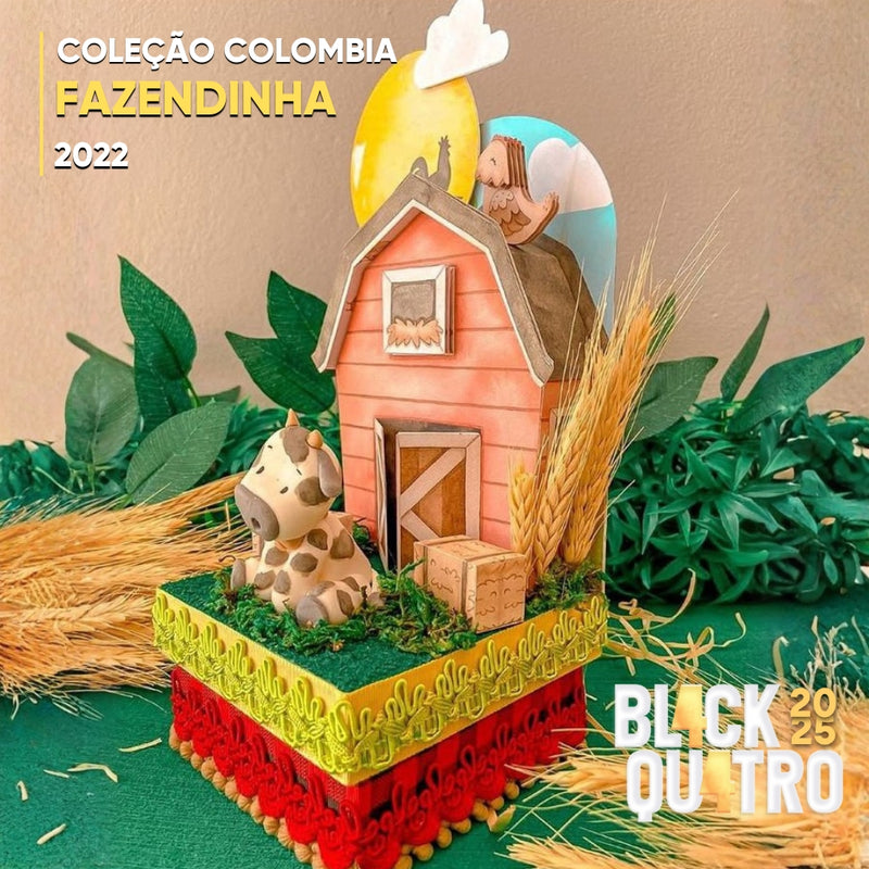 Detalhe frontal da Coleção Fazendinha mostrando recortes precisos, animais da fazenda e acabamento artesanal