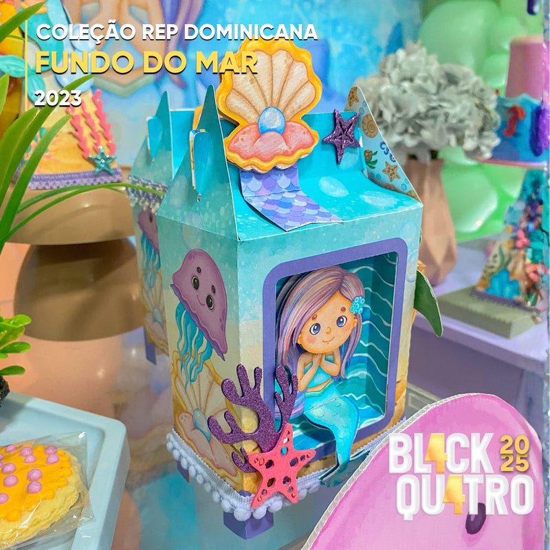 Vista lateral dos projetos da Coleção Fundo do Mar com cores vibrantes e textura oceânica