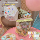 Detalhe frontal da Coleção Sorveteria mostrando recortes precisos, estampas de sorvetes e acabamento artesanal