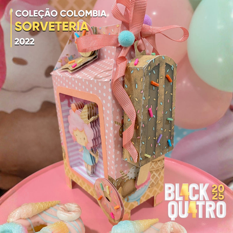 Vista lateral dos projetos da Coleção Sorveteria com cores pastéis e elementos divertidos