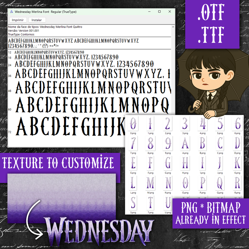 Fonte Wandinha com estilo gótico e elegante inspirada na série, ideal para convites, títulos e projetos criativos