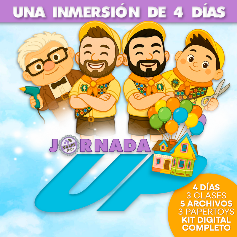 Jornada UP en español, una experiencia creativa inspirada en la película UP, ideal para aprender diseño, creatividad y técnicas de papelaria artesanal