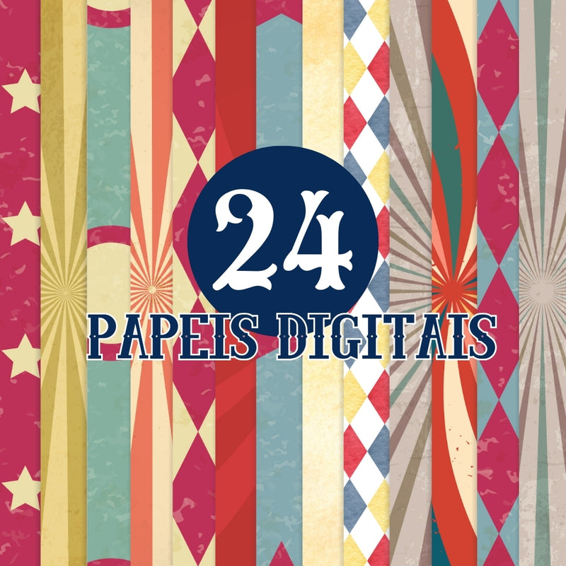 Kit digital Circo Vintage com cliparts, papéis e fontes – estilo retrô para festas e papelaria