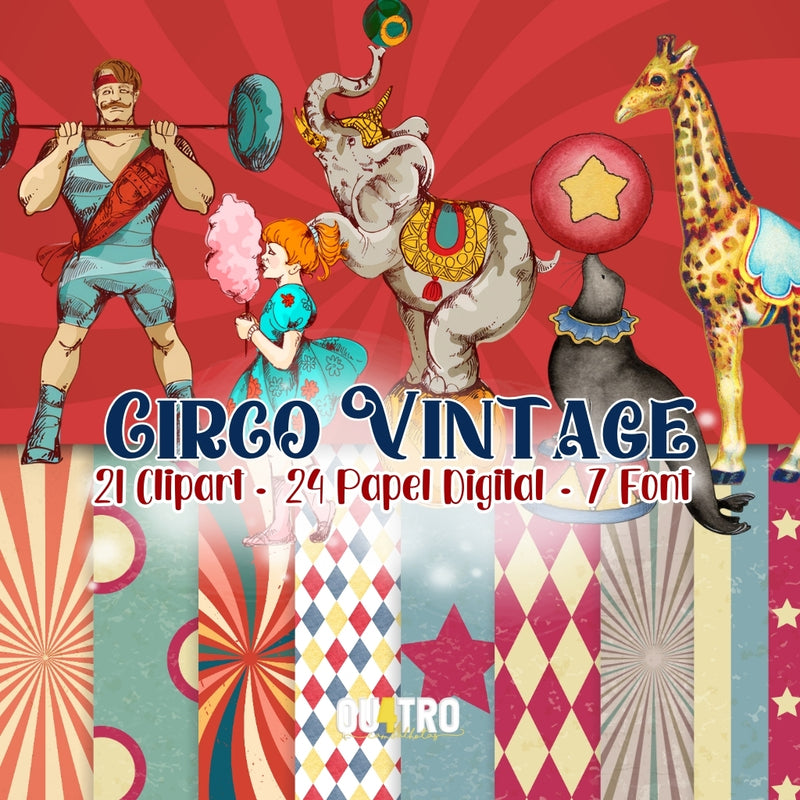 Kit digital Circo Vintage com cliparts, papéis e fontes – estilo retrô para festas e papelaria