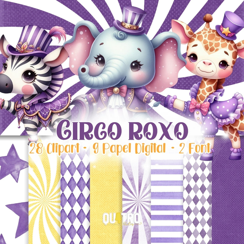 Kit Digital Circo Roxo com cliparts, papéis e fontes exclusivas em tons lilás e temática circense encantadora