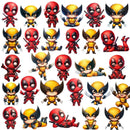 Papéis digitais do Kit Digital Deadpool & Wolverine com padrões dinâmicos e cores vibrantes em vermelho, preto e amarelo