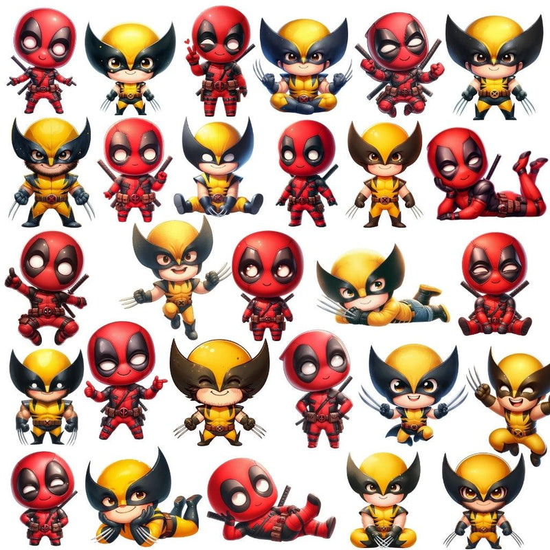 Papéis digitais do Kit Digital Deadpool & Wolverine com padrões dinâmicos e cores vibrantes em vermelho, preto e amarelo