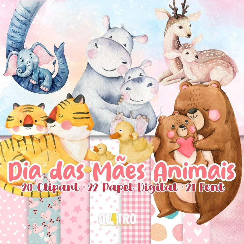 Kit Digital Dia das Mães com ilustrações de animais fofos, ideal para scrapbook, convites e papelaria personalizada.