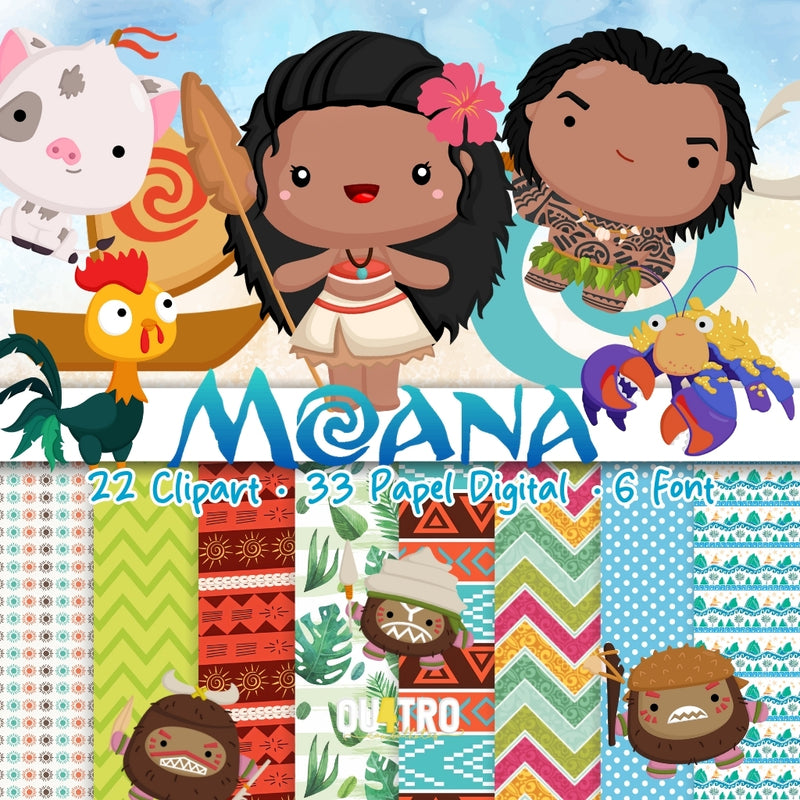 Kit Digital Moana – Cliparts, Papéis Digitais e Fontes - Quatro Cambalhotas