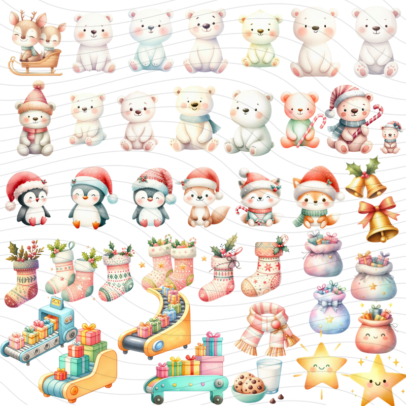 Detalhe da coleção Natal Cute mostrando variedade de papéis, cliparts e fontes em alta resolução