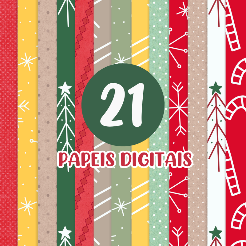 Elementos natalinos do Kit Digital Natal Cute como presentes, árvores e personagens fofos em estilo aquarela