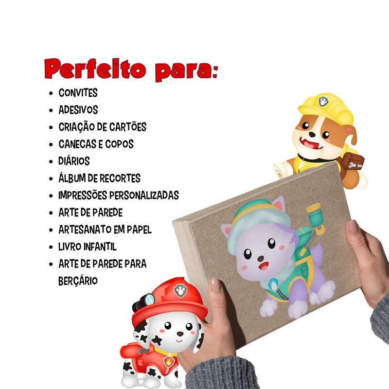 Conjunto completo do Kit Digital Patrulha Canina reunindo cliparts, papéis e fontes para papelaria criativa