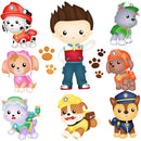 Papéis digitais do Kit Digital Patrulha Canina com padrões coloridos e temáticos de aventura