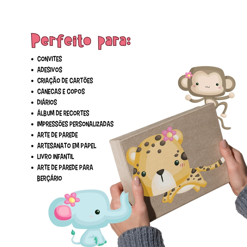 Conjunto completo do Kit Digital Safari Rosa com cliparts, papéis e fontes para projetos criativos e festas infantis