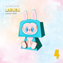 Detalhe frontal do Papertoy Labubu mostrando cores vibrantes e recortes precisos