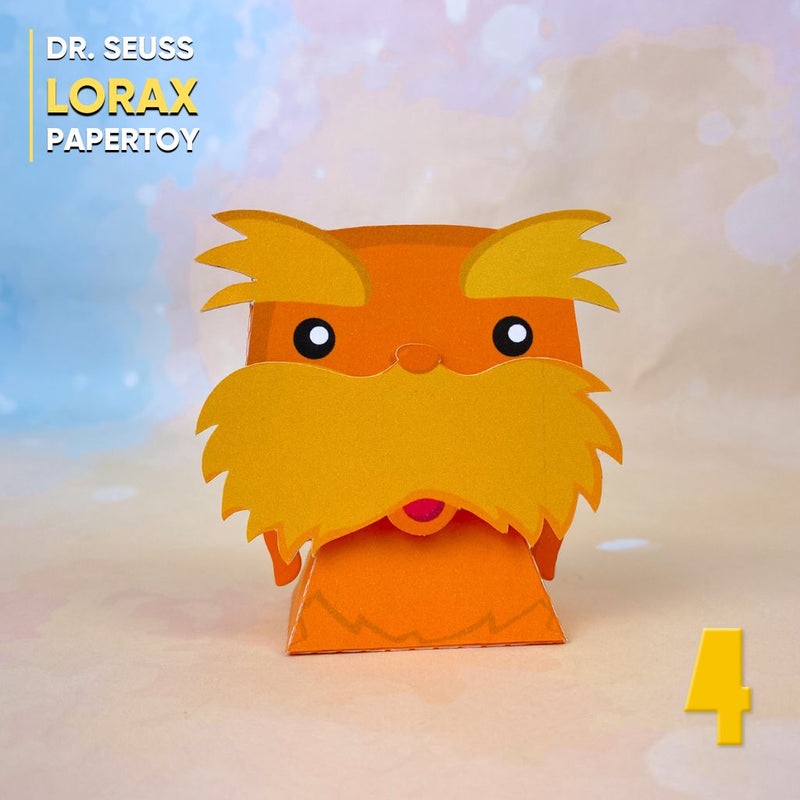 Papertoy Lorax inspirado no personagem dos livros de Dr. Seuss com design divertido e bigode marcante