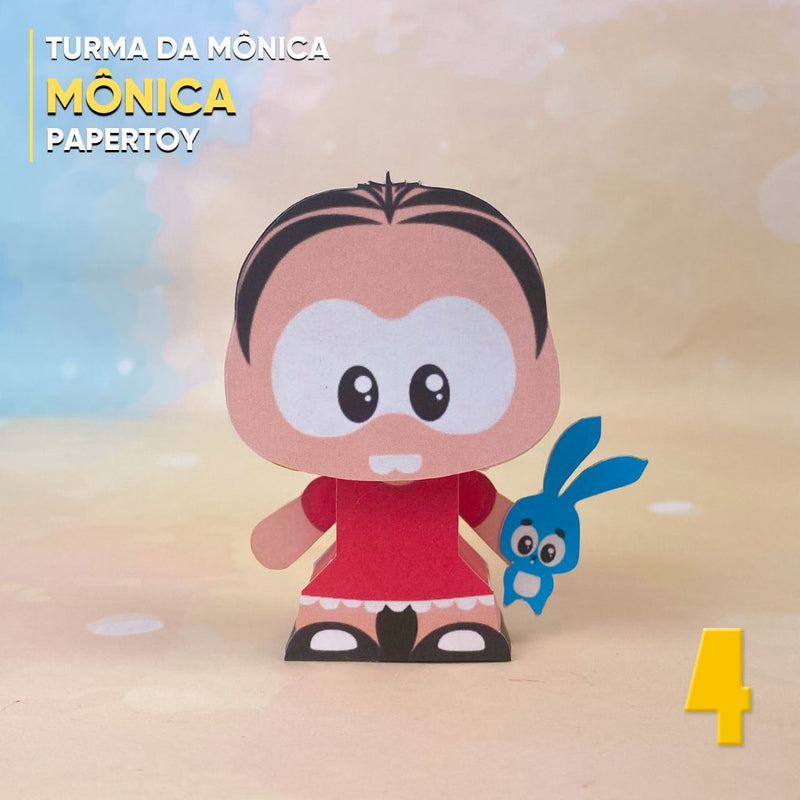Papertoy Mônica inspirado na personagem da Turma da Mônica com design fofo e vestido vermelho clássico