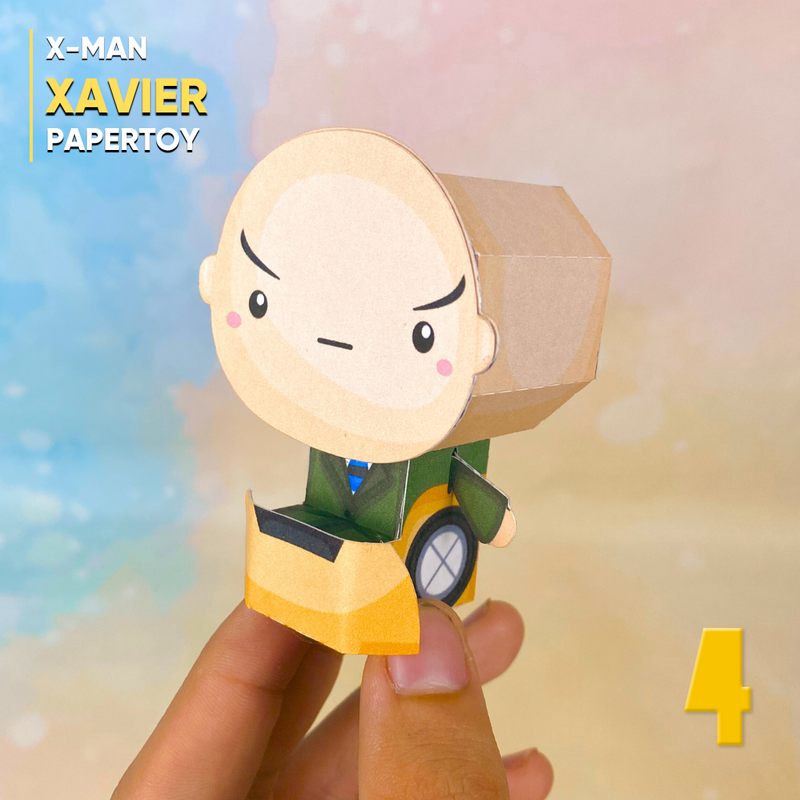 Detalhe frontal do Papertoy Professor Xavier mostrando contornos suaves, traços precisos e acabamento perfeito para fãs de super-heróis