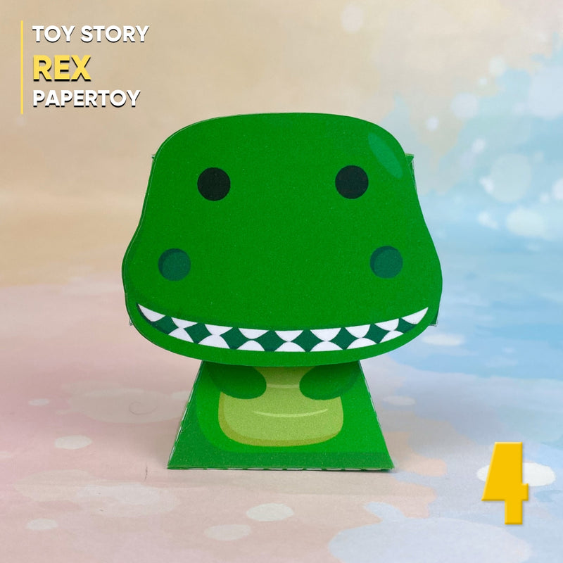 Papertoy Rex inspirado em Toy Story, com design 3D divertido e detalhes perfeitos para montagem artesanal e decoração temática infantil