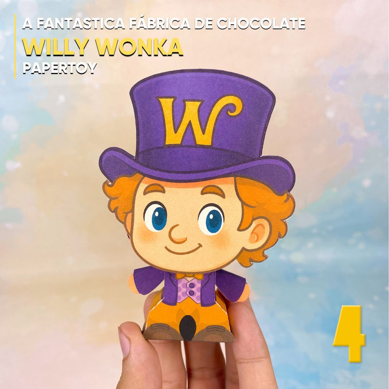 Detalhe frontal do Papertoy Willy Wonka mostrando acabamento preciso, cartola característica e visual lúdico perfeito para papelaria personalizada