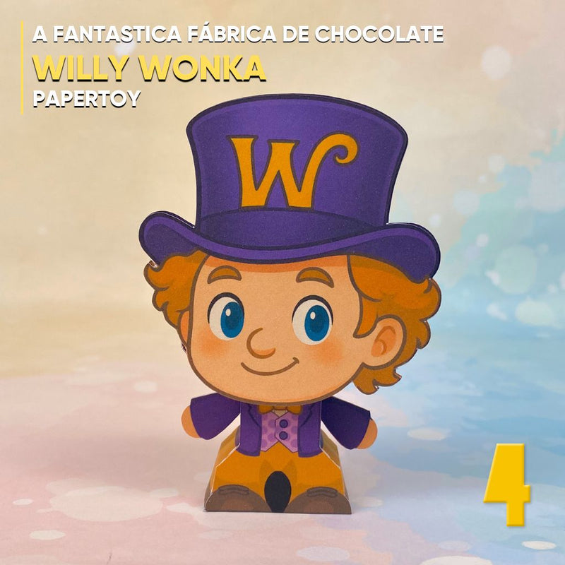Papertoy Willy Wonka em formato 3D, inspirado no famoso chocolatier, com detalhes coloridos e estilo criativo ideal para decoração temática e projetos artesanais