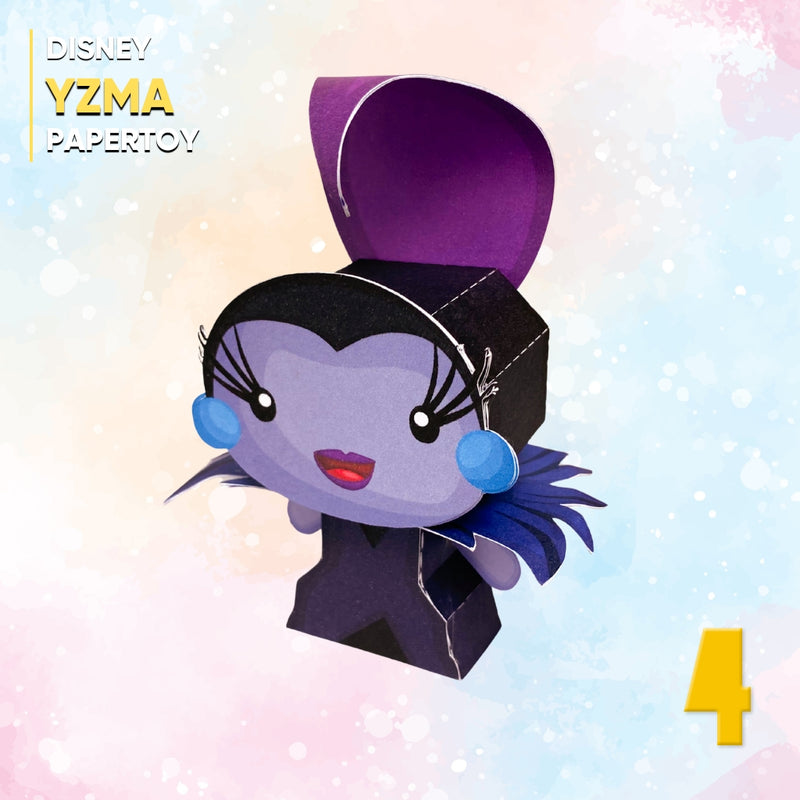 Detalhe frontal do Papertoy Yzma mostrando acabamento artesanal, cores vibrantes e traços marcantes perfeitos para papelaria personalizada