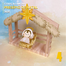 Detalhe dos elementos do Presépio de Natal com traços delicados e textura artesanal para montagem personalizada