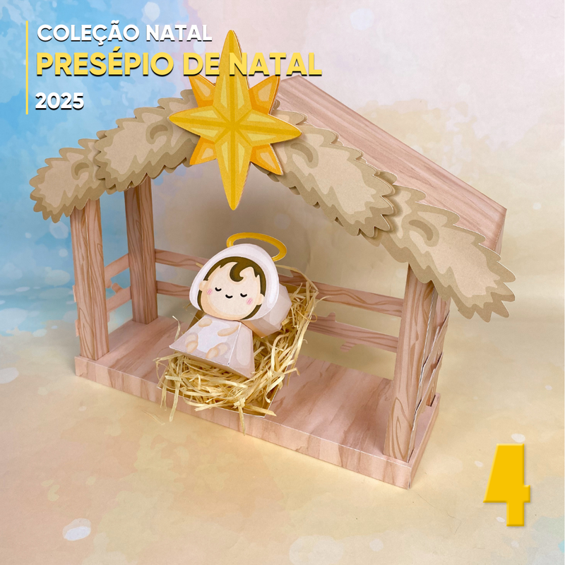 Detalhe dos elementos do Presépio de Natal com traços delicados e textura artesanal para montagem personalizada