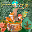 Elementos decorativos da SuperClass Guardiões do Bosque como cogumelos, folhas e criaturas encantadas